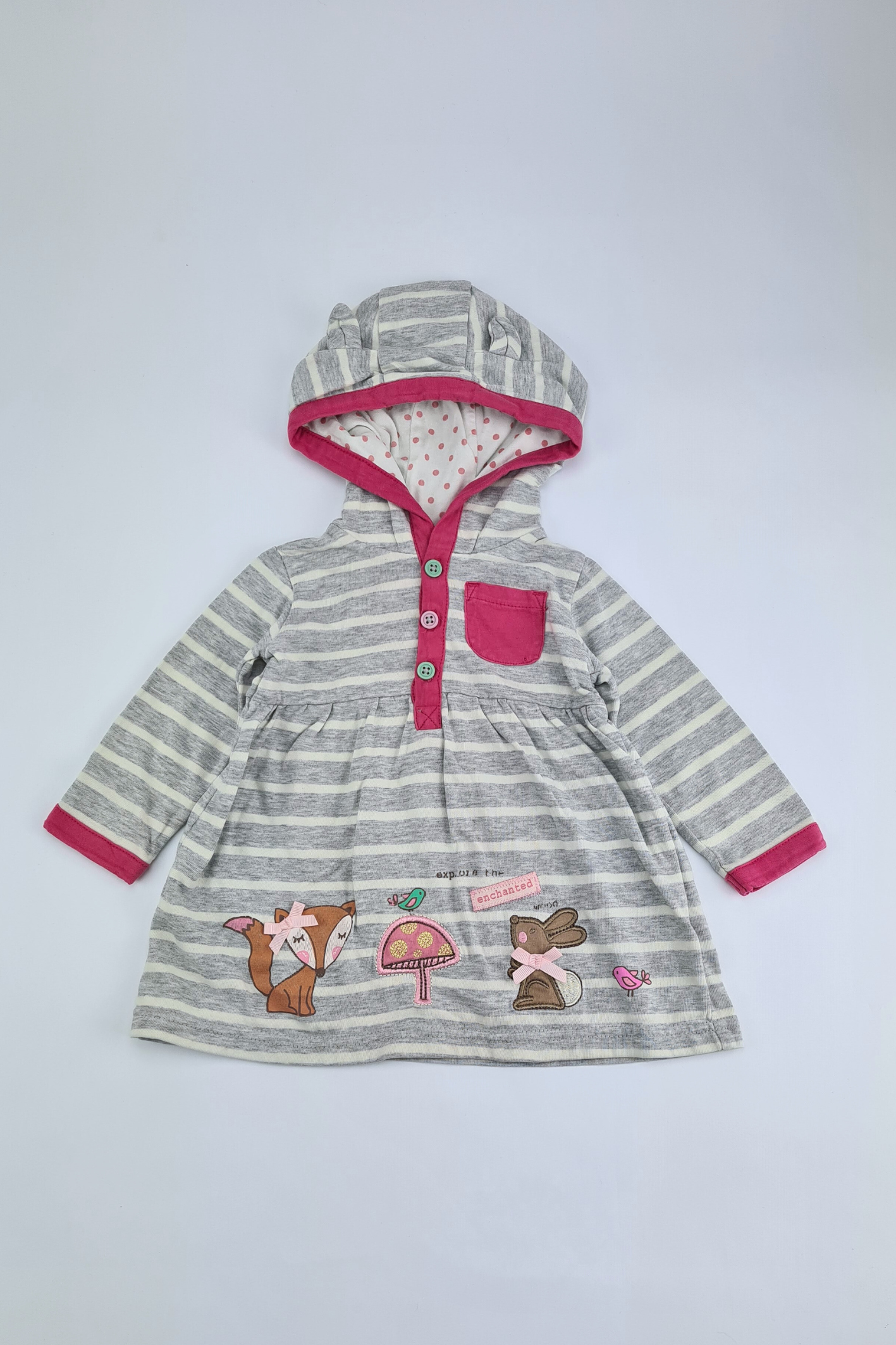 3-6m - Embroidered Characters Grey Striped Hooded Jersey ( Babies R Us)