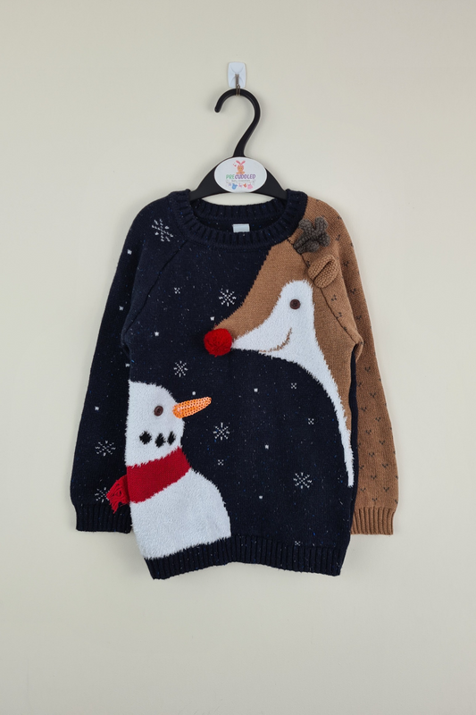 4-5y - Christmas Theme Jumper Dress Snowman & Reindeer (Tu)