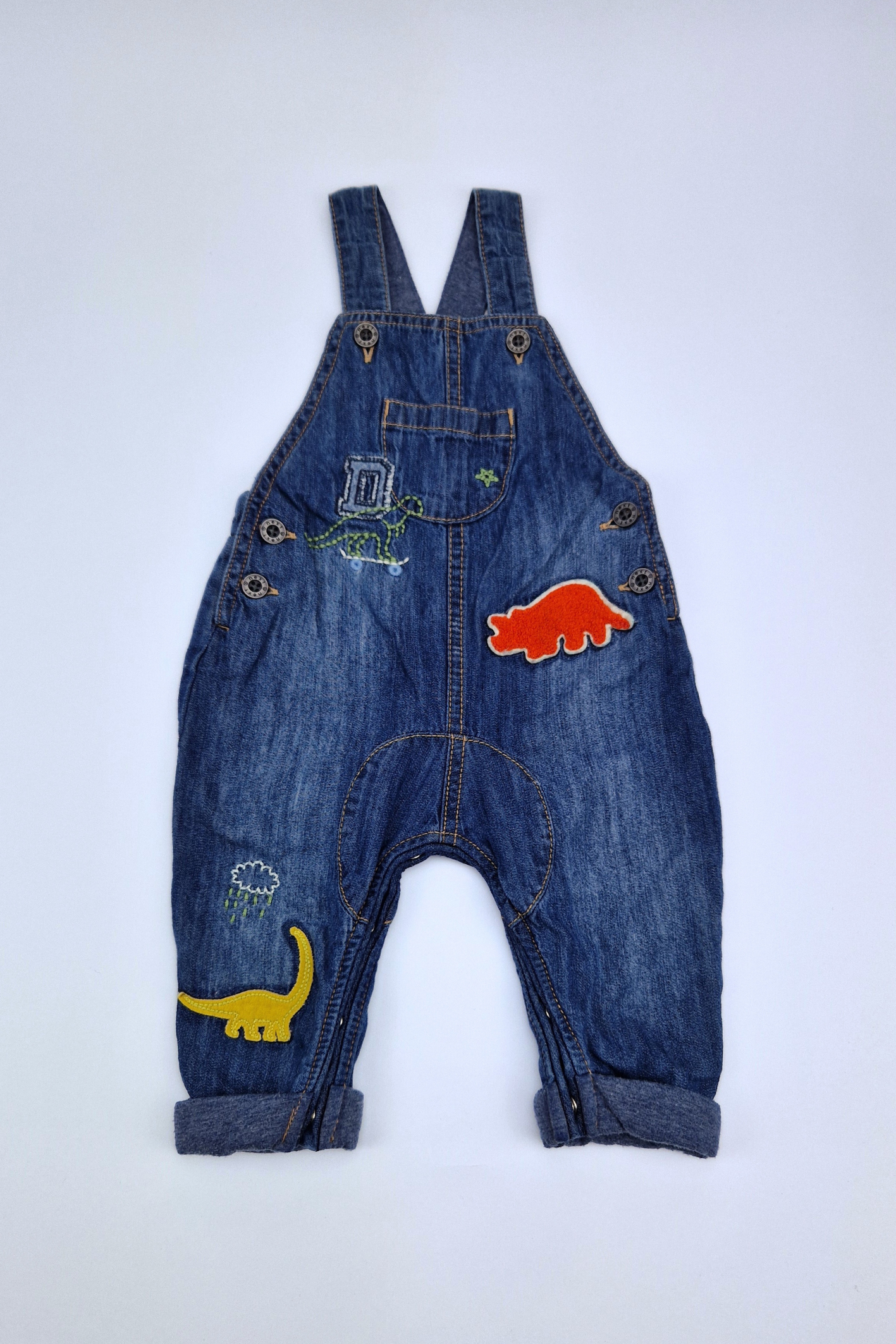 3-6m Dinosaur Applique Mid Blue Denim Lined Dungarees