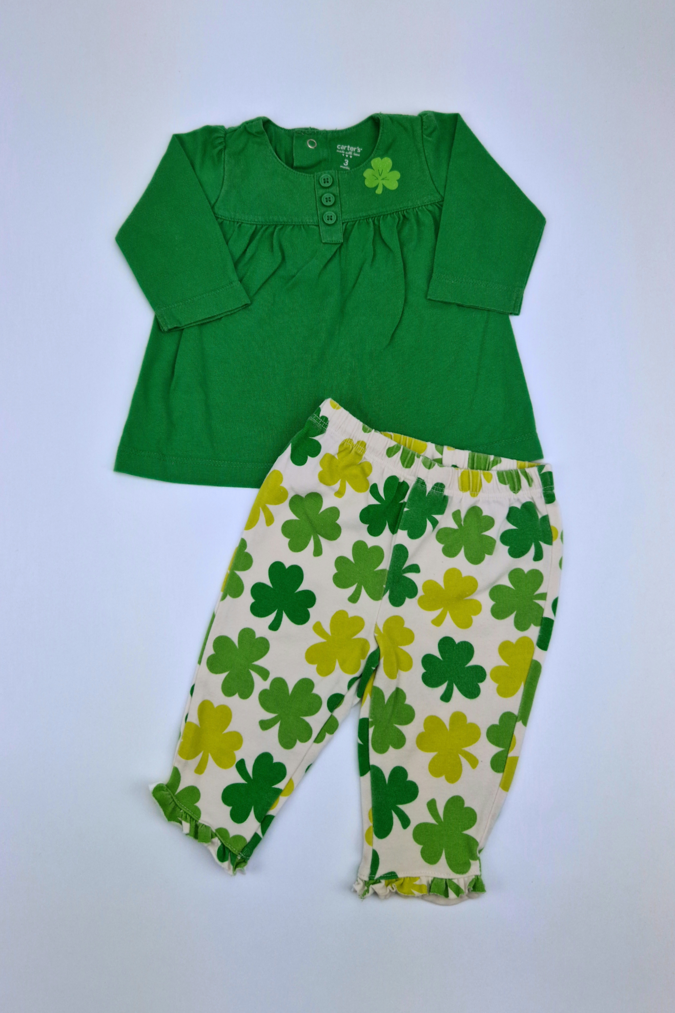 0-3m St. Patrick's Green White Clovers 2 Piece Outfit