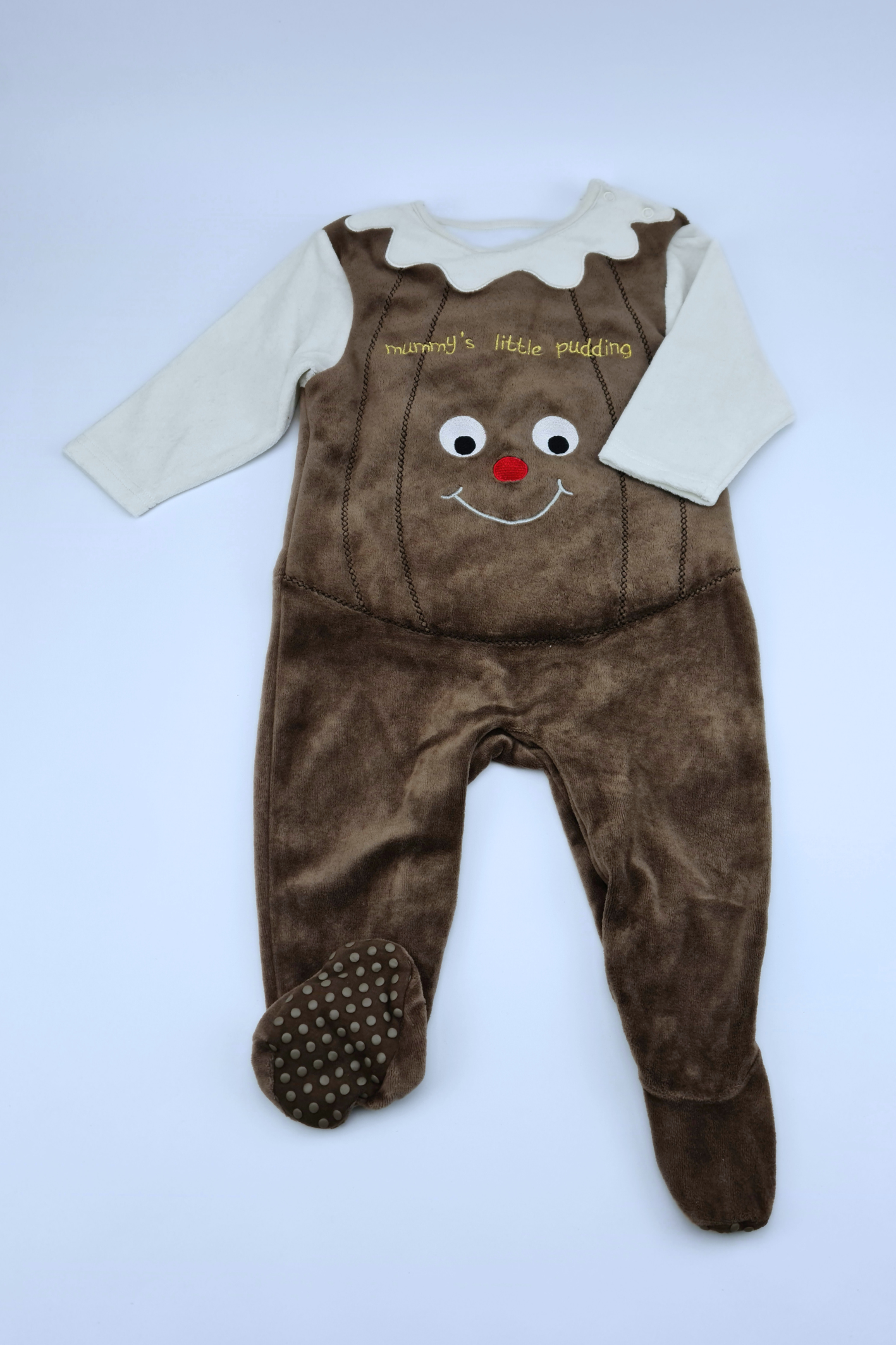 9-12m Mummy's Little Pudding Beige Velour Babygrow
