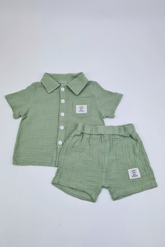 9-12m - Letter Patched Detail Front Pocket Shirt & Shorts