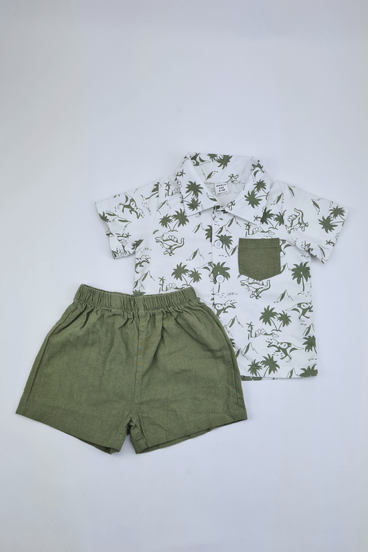 9-12m - Coconut Trees & Dinosaur Print Patched Pocket Shirt & Shorts