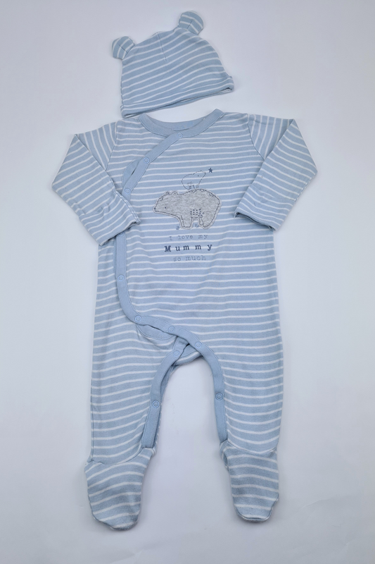 3-6m - 'I Love Mummy So Much' Blue Striped Sleepsuit Set (Mothercare)