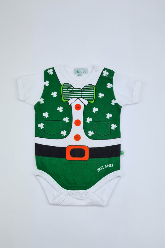 Full Leprechaun St. Patrick's Day Baby Vest with A Shamrock and Bow Tie Design

