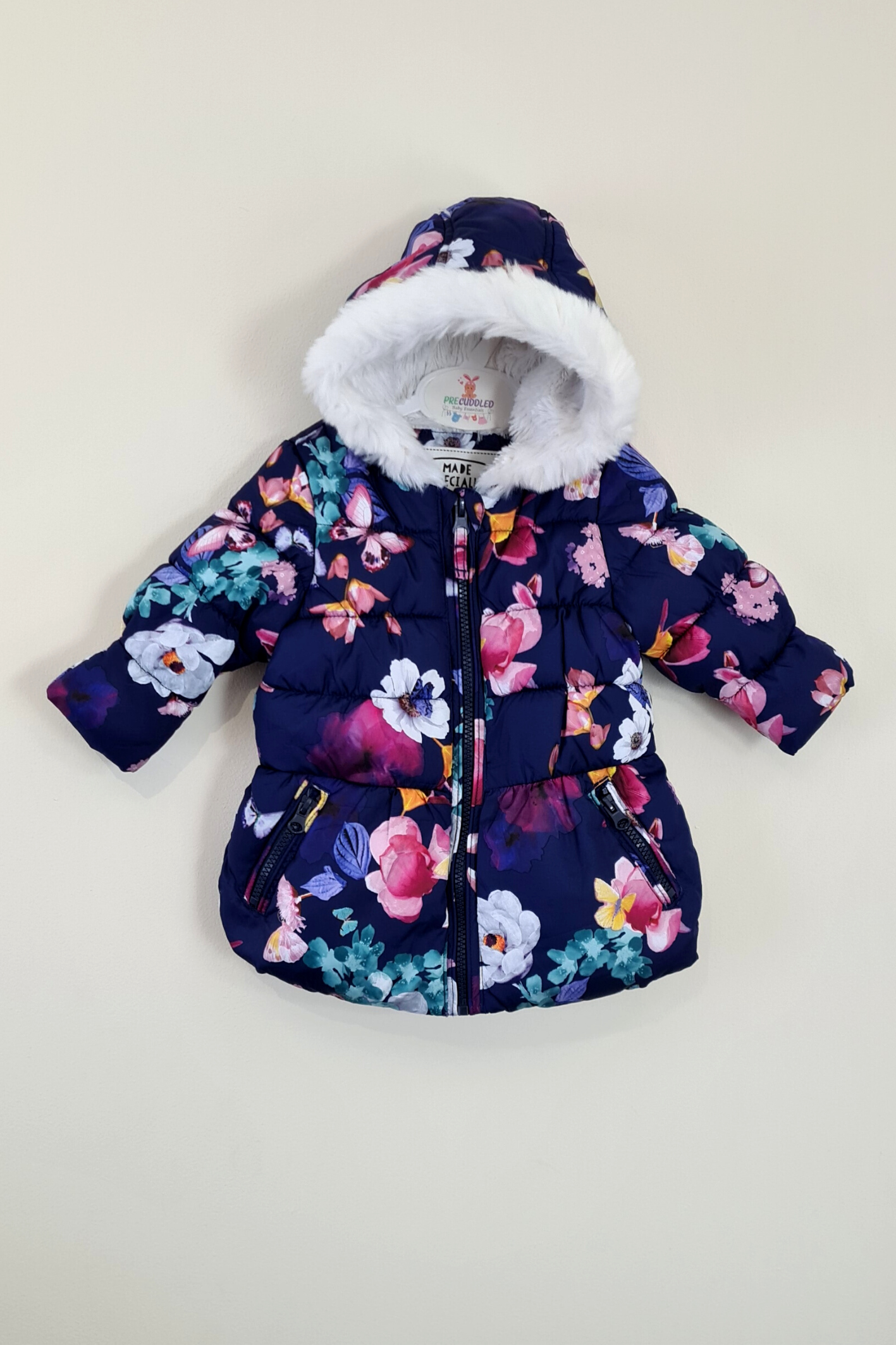 3-6 mois - Manteau d'hiver à imprimé floral bleu marine avec bordure en fausse fourrure (M&S)
