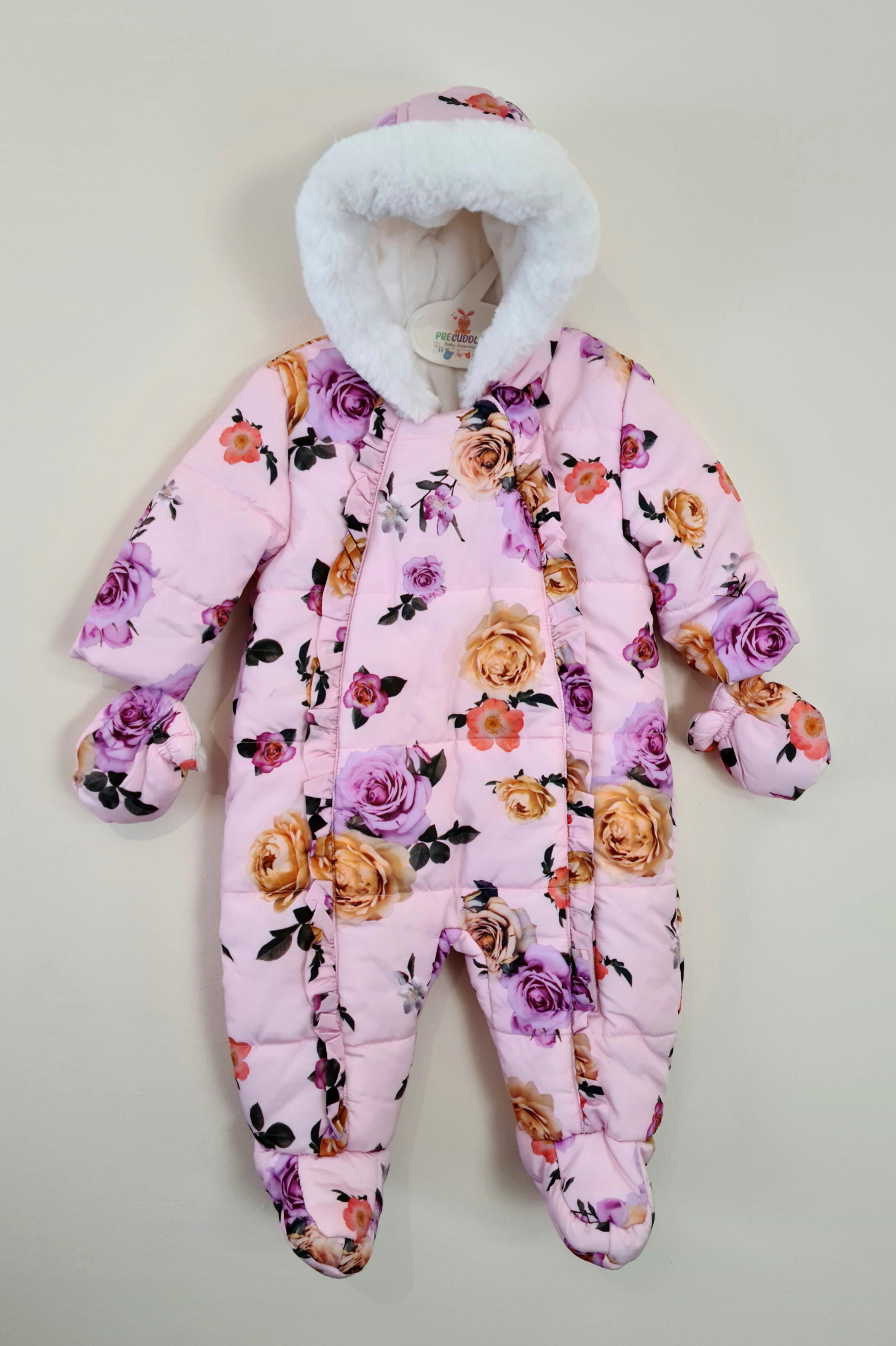 3-6 mois - Combinaison de neige à capuche et mitaines assorties à imprimé fleurs roses (George)