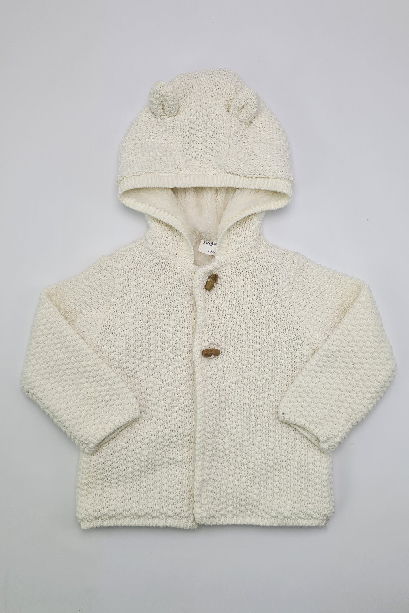 6-9m - White Fleece Lined Hooded Cardigan
(Fred & Flo)
Condition: Like New