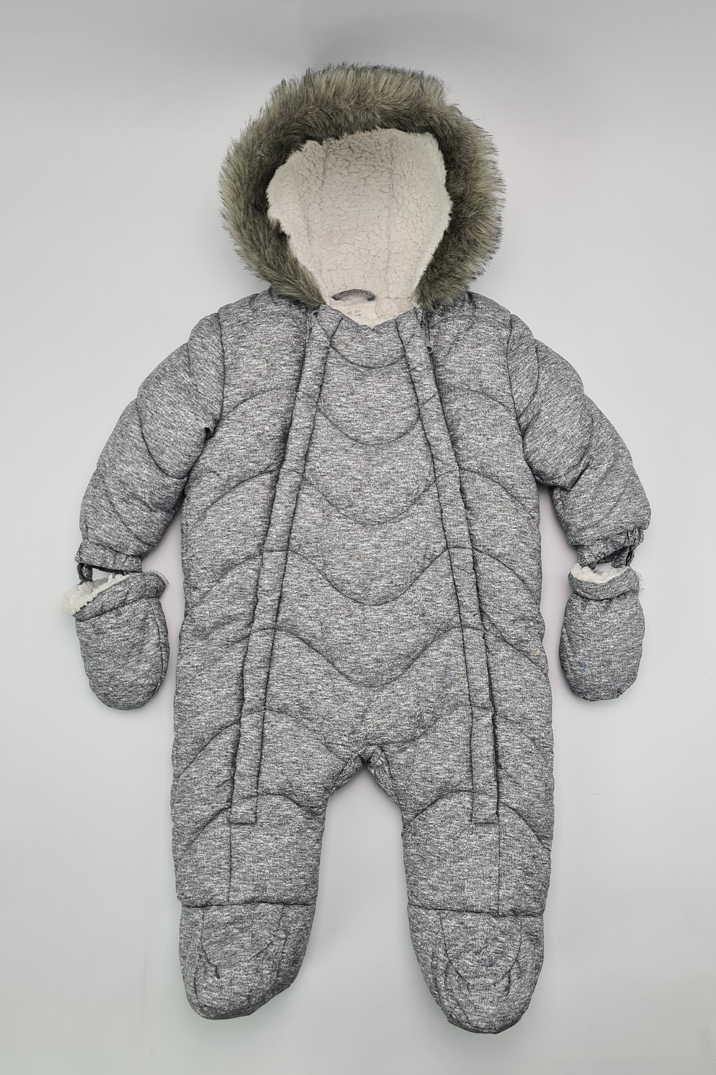 3 6m Grey Padded Snowsuit Matching Mittens F F Precuddled