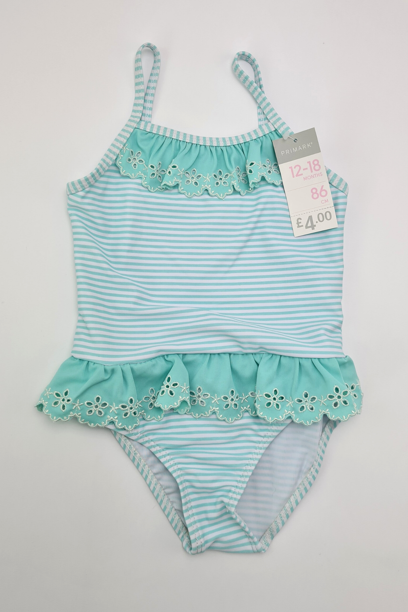 12-18m - Ruffled Waistline Blue Striped Swimsuit (Primark)