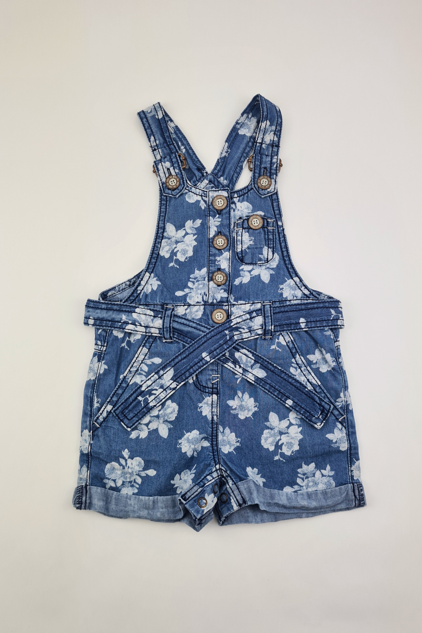 9-12m - Floral Print Short Chambray Dungarees (Next)