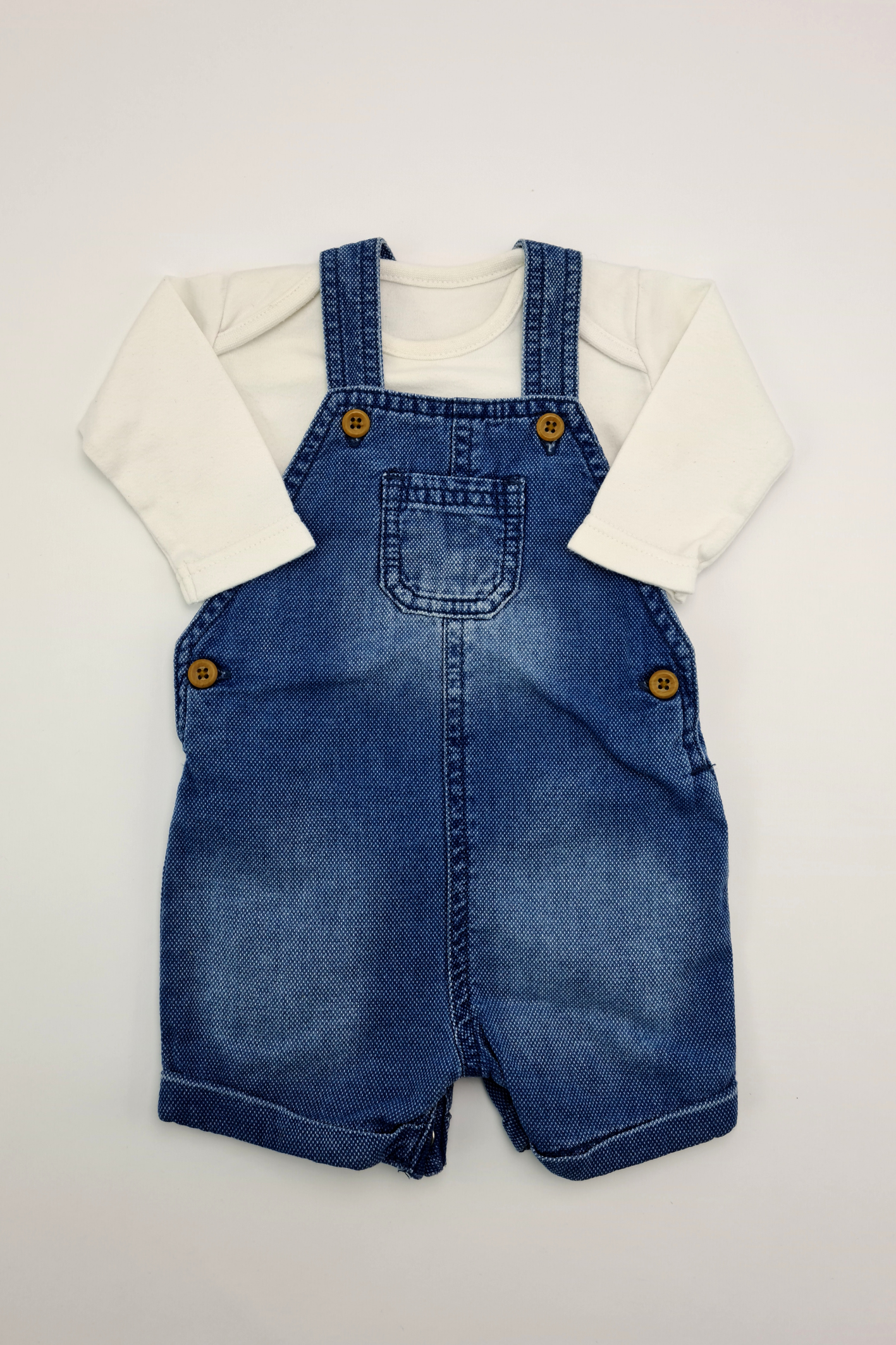 0-3m - Denim Dungaree Shorts & White Bodysuit Outfit