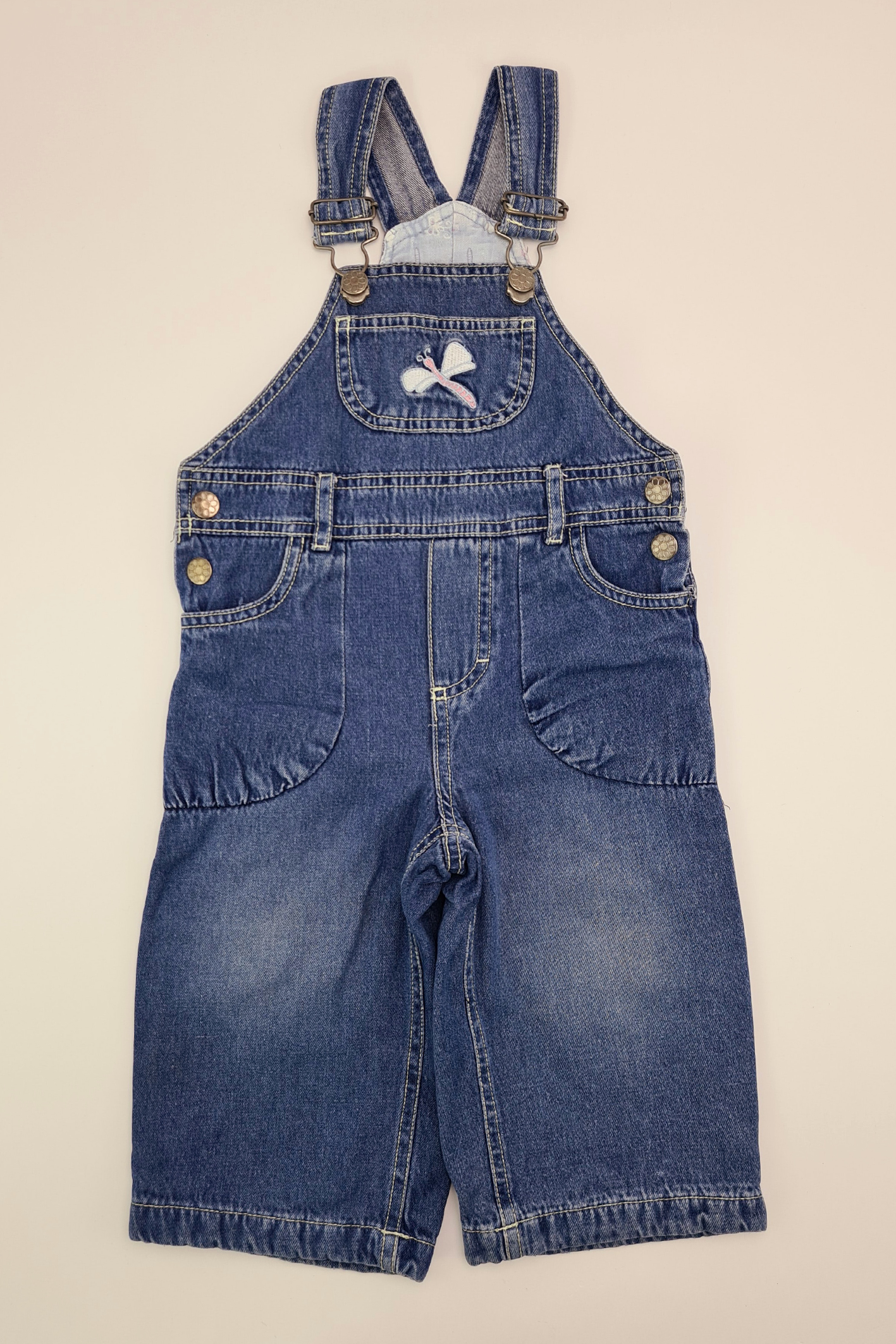 9-12m - Butterfly Embroidered Denim Dungarees. 100% Cotton
(Impidimpi)