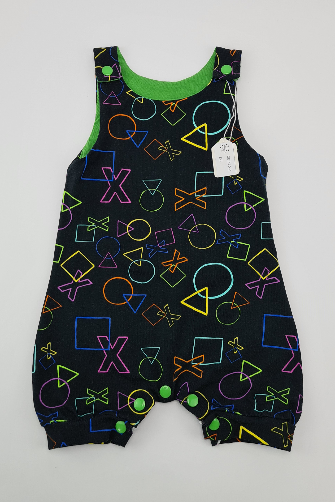 3-6m - Handmade Shape Print Short Dungarees (Taffy Tots Clothing)