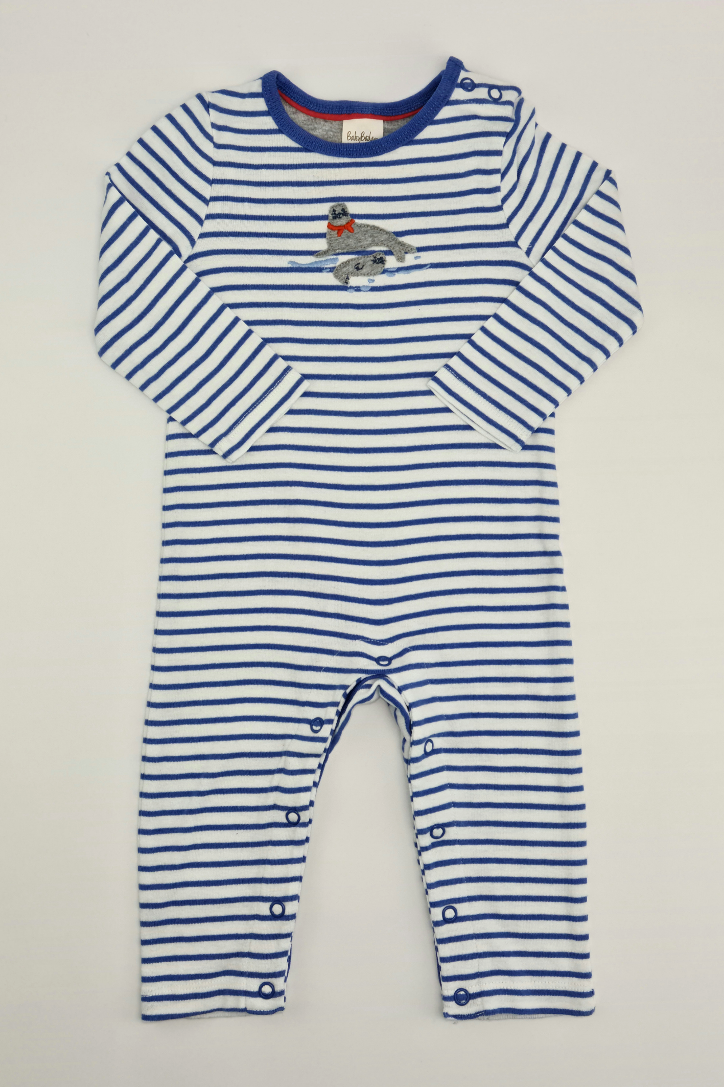 6-9m - Embroidered Patch Blue Striped Playsuit