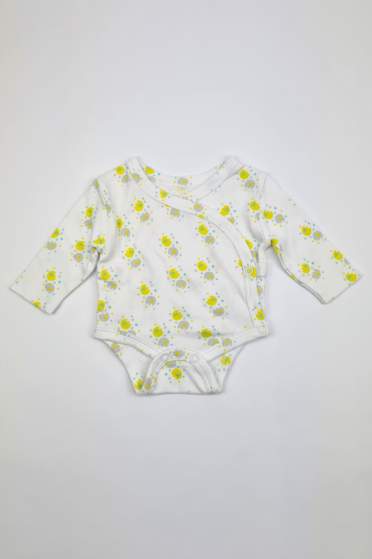 Newborn (10lbs) - 100% Cotton Elephant Long Sleeve Wrap Bodysuit (Scottish Baby Box)