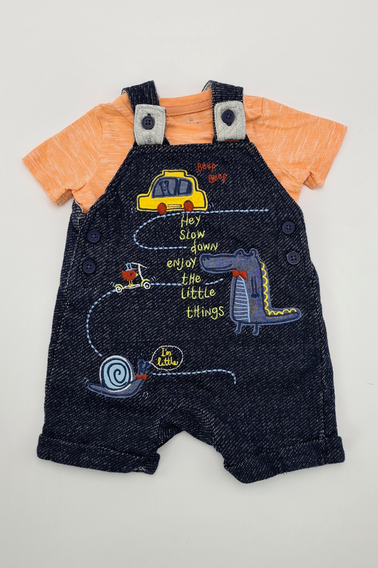 0-3m - 'Hey Slow Down Enjoy The Little Things' Dungarees & Orange T-shirt Outfit