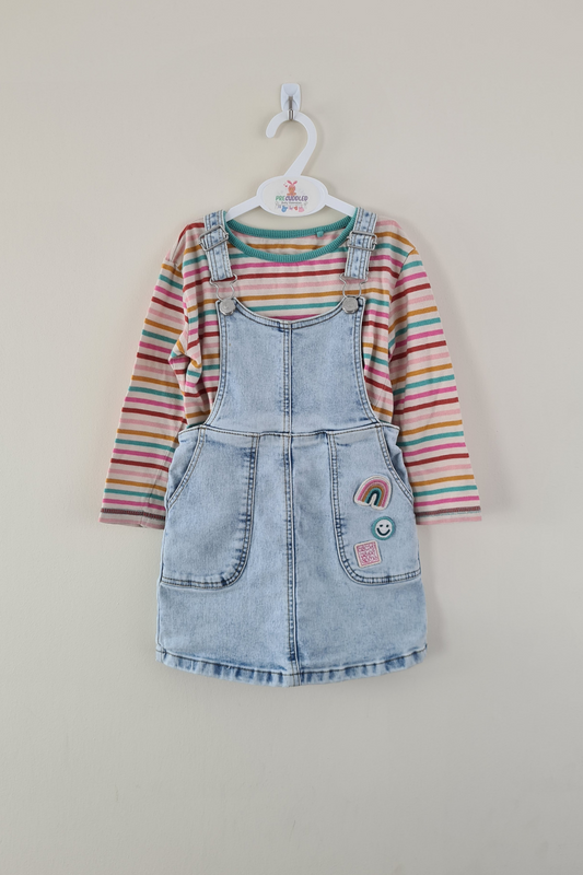 2-3y - Rainbow Striped Top And Dungaree Dress Outfit (George)