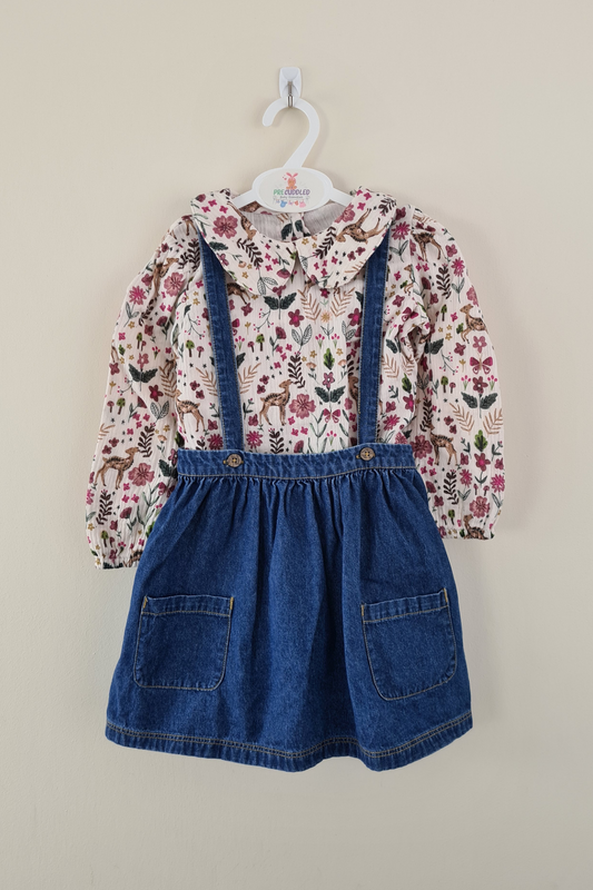 2-3y - Forest Print Collared Top and Denim Pinafore Outfit (George)