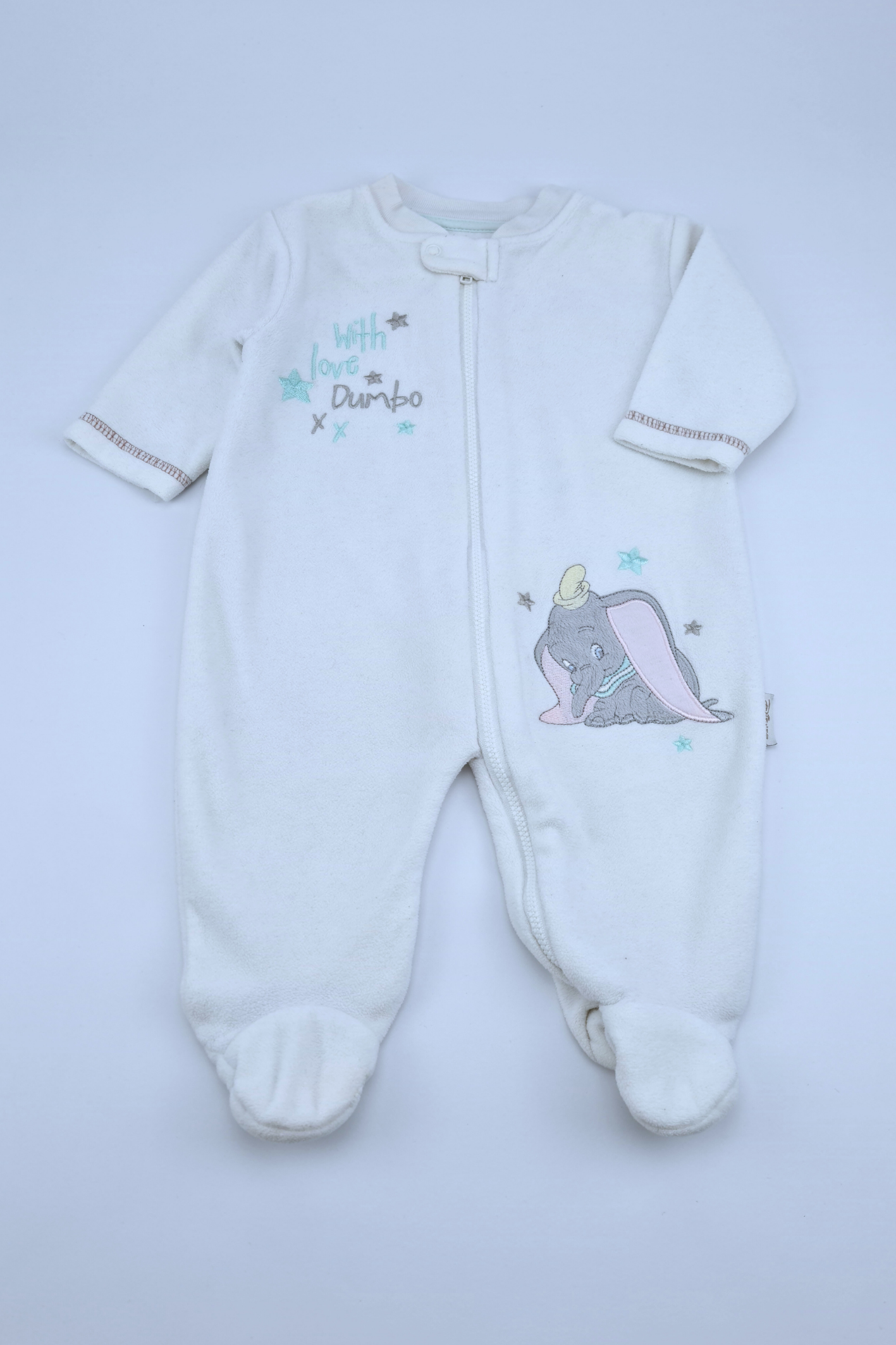 0-3m 'With Love Dumbo' Zip-Up Babygrow