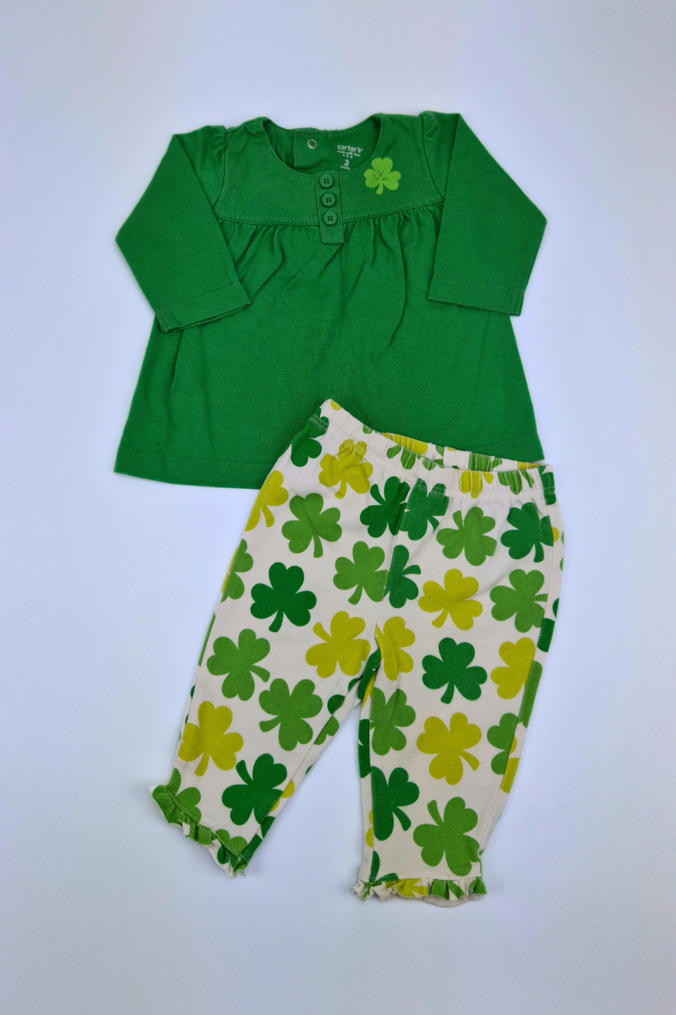 0-3m St. Patrick's Green White Clovers 2 Piece Outfit 