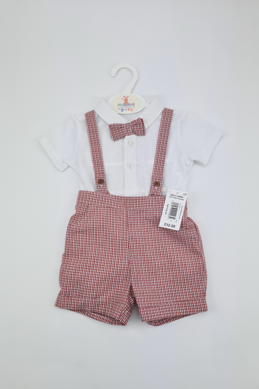 Matching Red Plaid Shorts With Braces & Bow Tie Outfit (Matalan)

