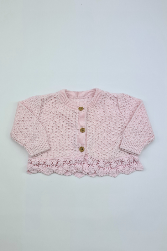 0-3m - Pink Crochet Button Up Cardigan