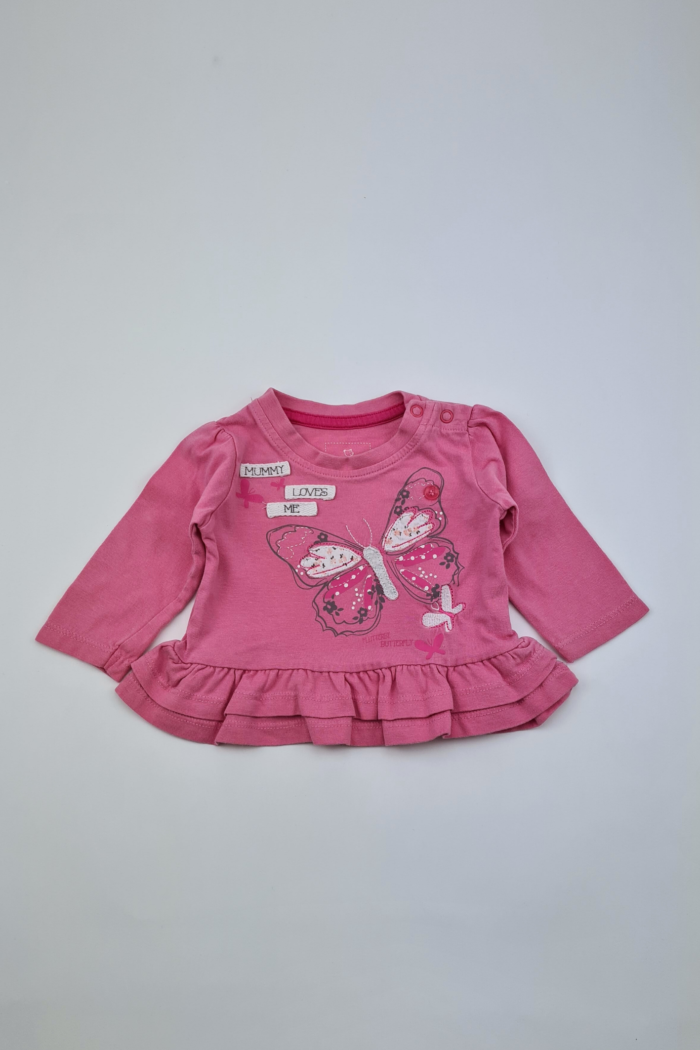 0–3 Monate – „Mummy Loves Me“ rosafarbenes Schmetterlings-Langarmshirt (Early Days)