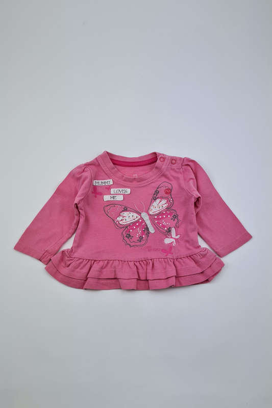 0-3m - 'Mummy Loves Me' Pink Butterfly Long Sleeve Top (Early Days)