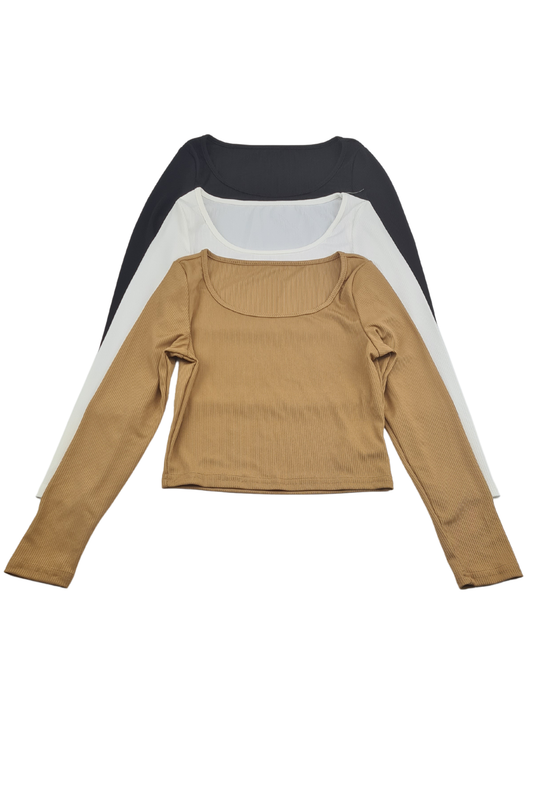 10y 3Pack Solid Ribbed Knit Square Neck Longsleeve Crop Tops