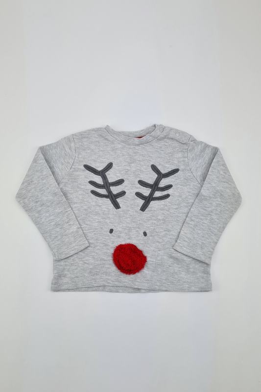 6-9m - Grey Red Nose Reindeer Pyjama Top