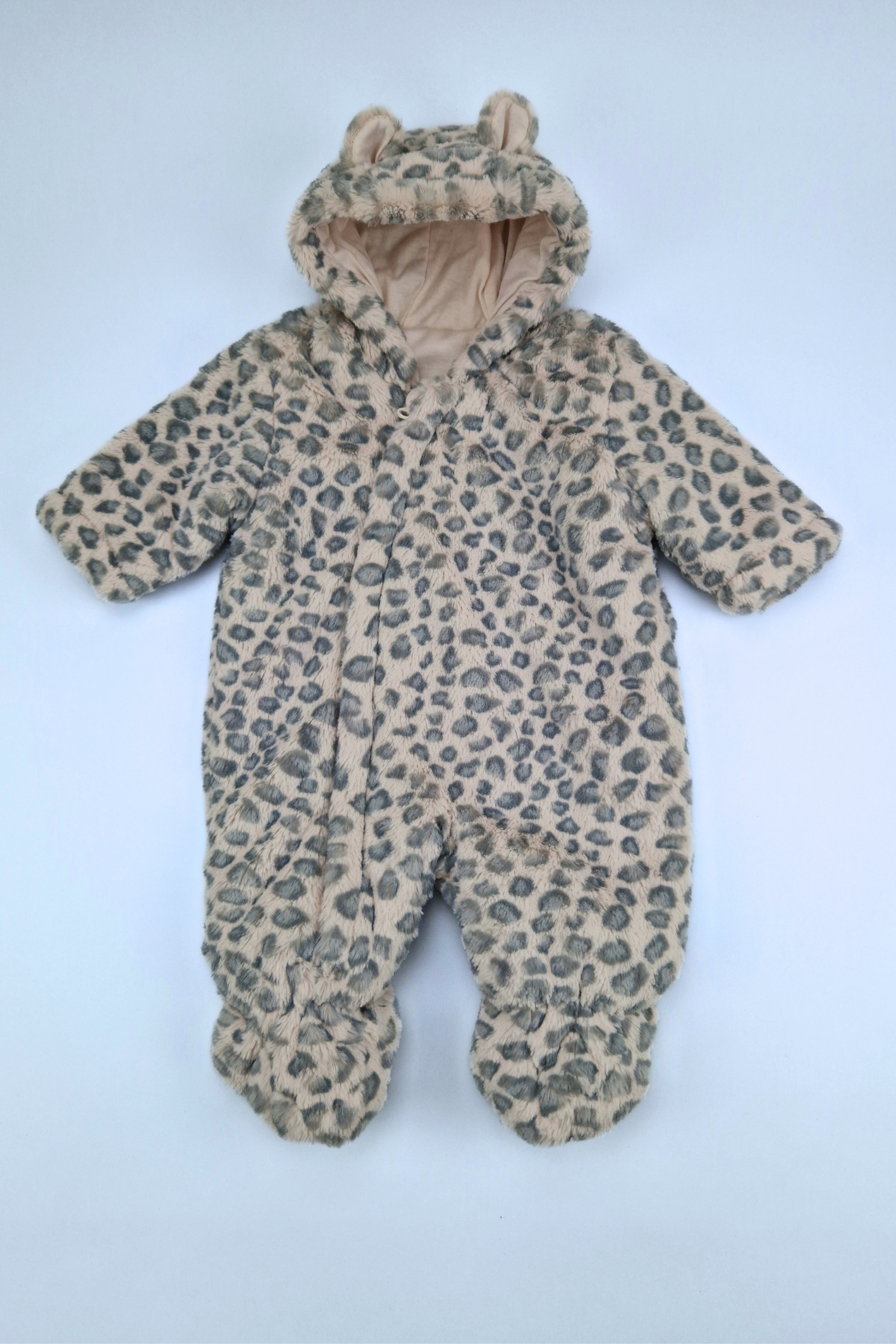 Furry hooded pram suit with fleece lining