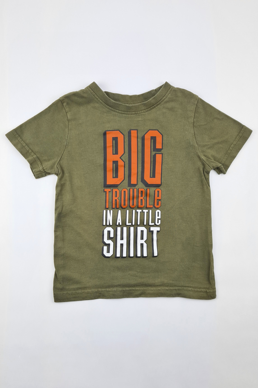 18-24m - 'Big Trouble In a Little Shirt'. 100% Cotton (Nutmeg)