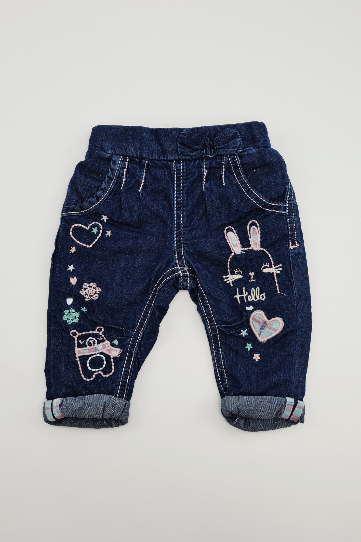 1m - Blue rolled cuff jeans with bunny embroidery