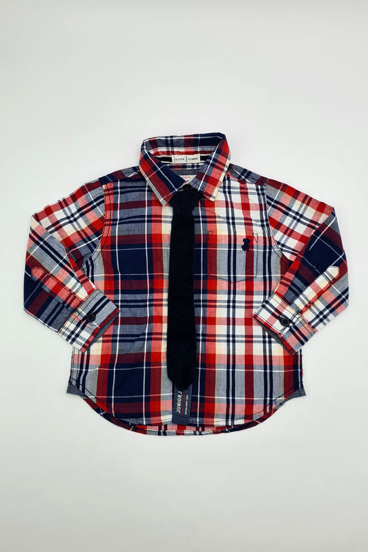 18-24 mois - Chemise boutonnée à carreaux rouge et bleu et cravate bleu marine (Jasper Conran)