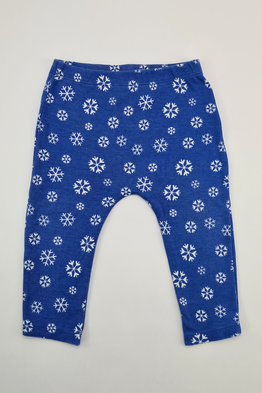 9–12 m – blaue Schneeflocken-Leggings