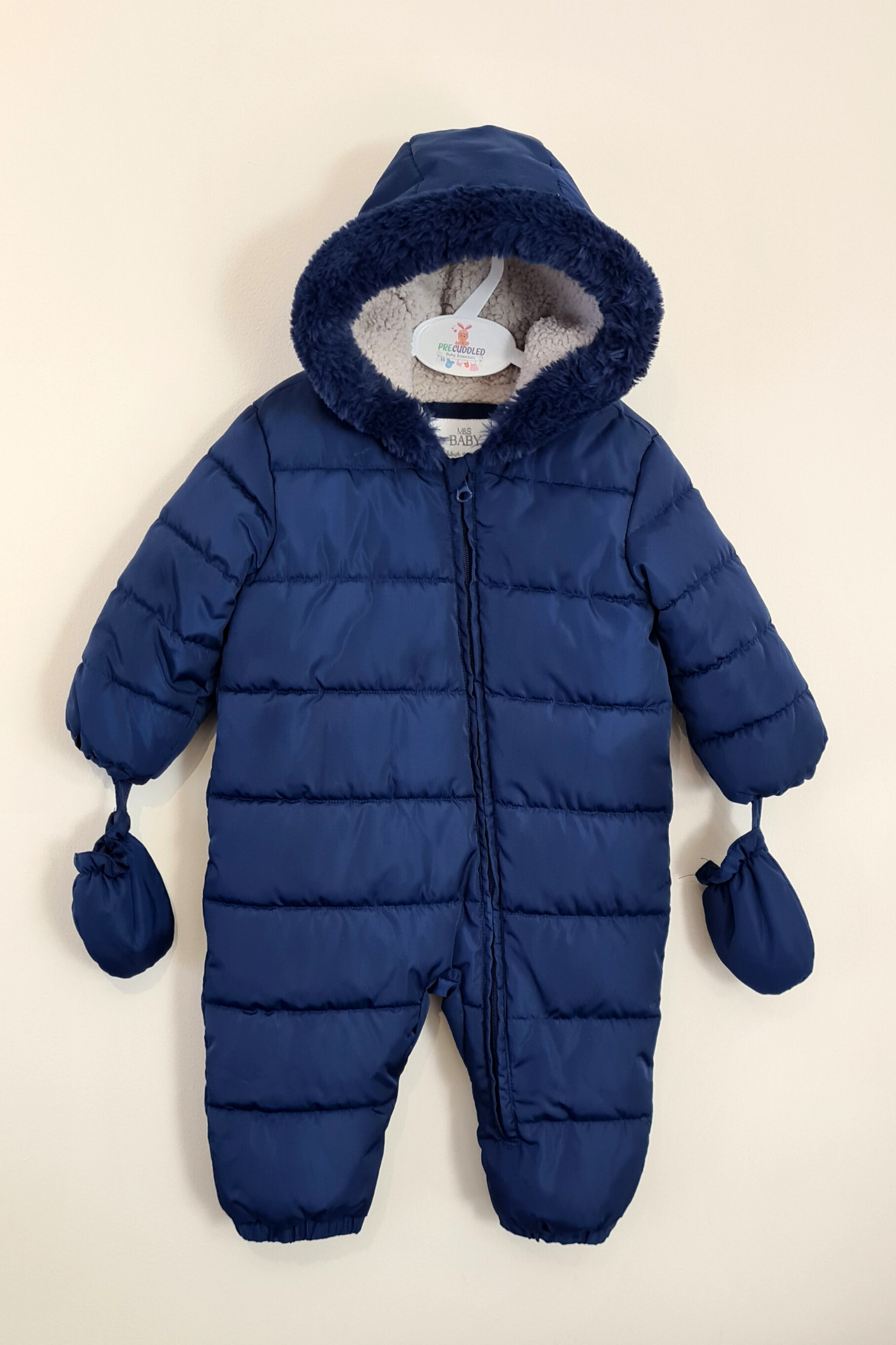 12-18m - Navy Fur Trim Snowsuit & Mittens (M&S)