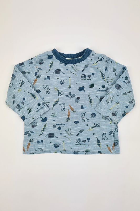 3–6 Monate – Blaues T-Shirt mit Farm-Print (Muskatnuss)