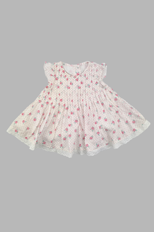 Erste Größe (9 Pfund) – Kleid aus 100 % Baumwolle mit Blumendruck und Rüschenärmeln (George)