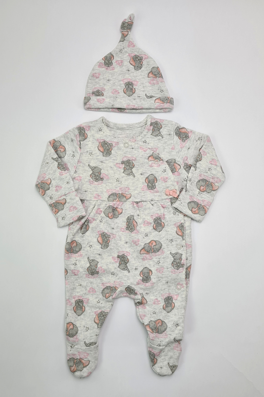 Erste Größe (9 Pfund) – Dumbo-Schlafanzug und passende Knotenmütze (George)