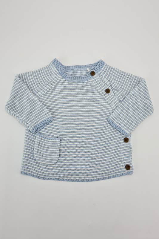 3-6 mois - Pull rayé bleu et blanc (Mini Club). 100% Coton.