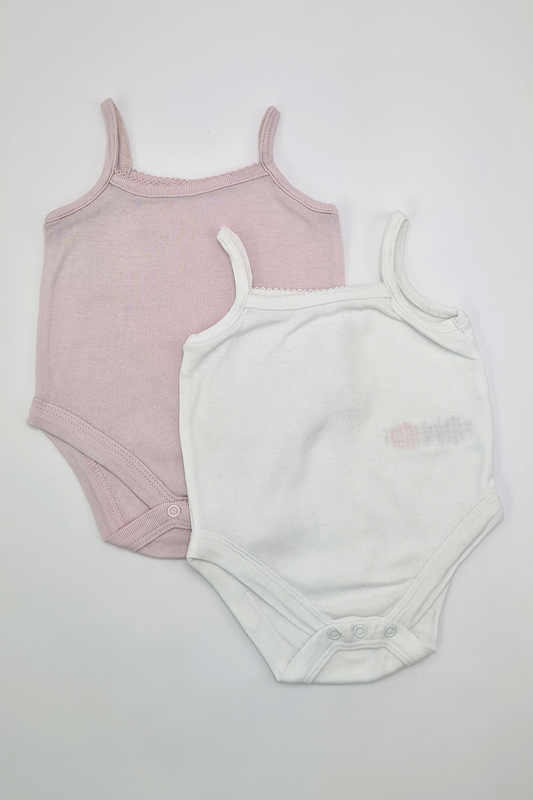 0-3m - 100% Cotton Pink & White Sleeveless Bodysuit Set (F&F)