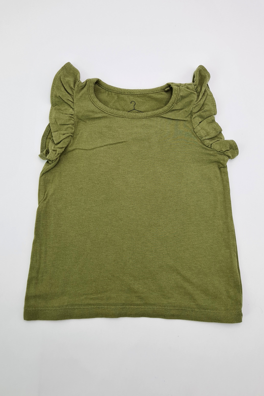 12-18m - 100% Cotton Olive Green Frilly Sleeve Top (Next)