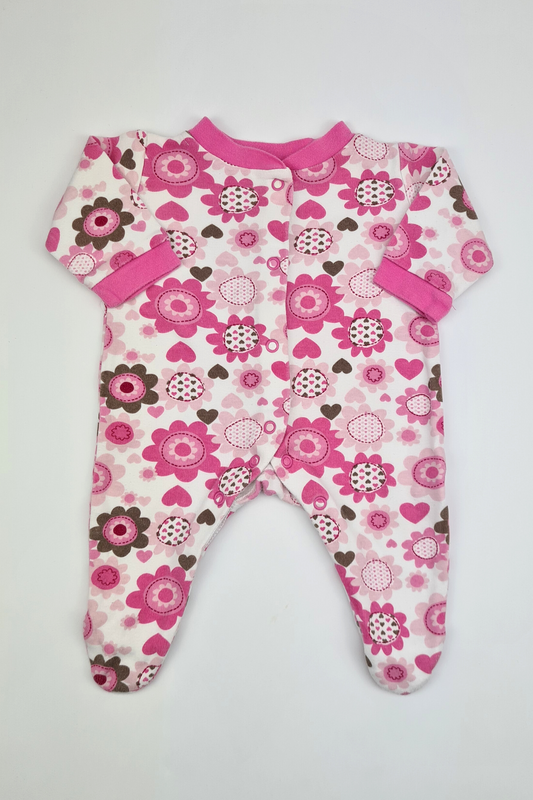 First Size (9lbs) - 100% Cotton Pink Flower Print Sleepsuit (George)