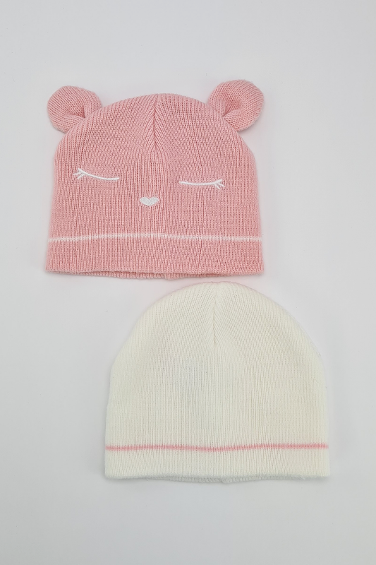 6-9m - Pink & White Beanie Hat Set