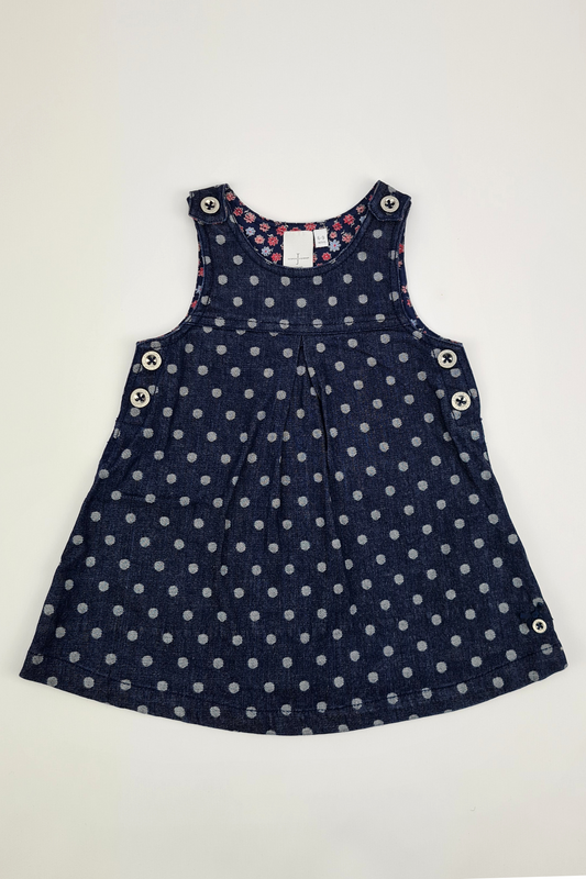 6-9m - Spot Print Denim Pinafore Dress (Junior J)