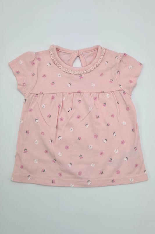 0-3m - 100% Cotton Pink Flower Print T-shirt (George)