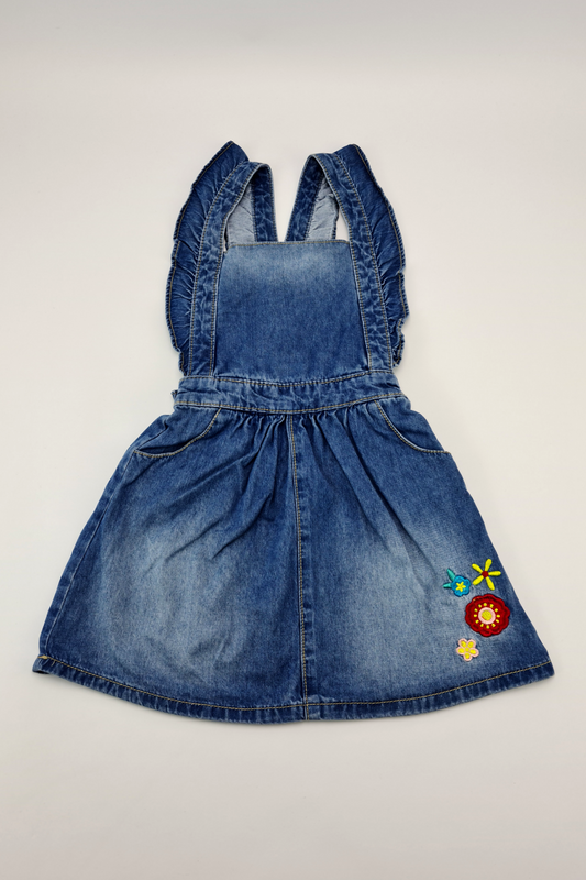 2-3y - Mid Blue Denim Flower Embroidered Dress