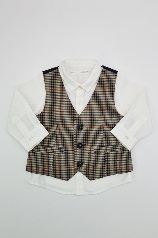 6-9m - Brown Dogtooth Waistcoat & Shirt Set (Next)
