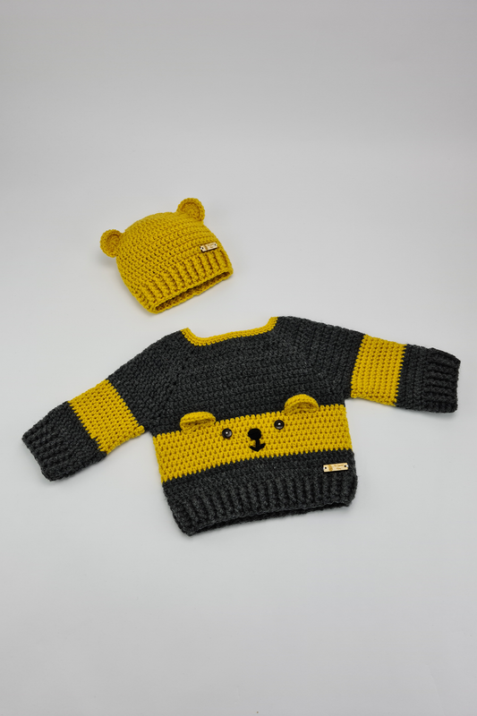 0-3m Handmade- Yellow and charcoal teddy bear jumper and matching yellow hat with baby bear ears